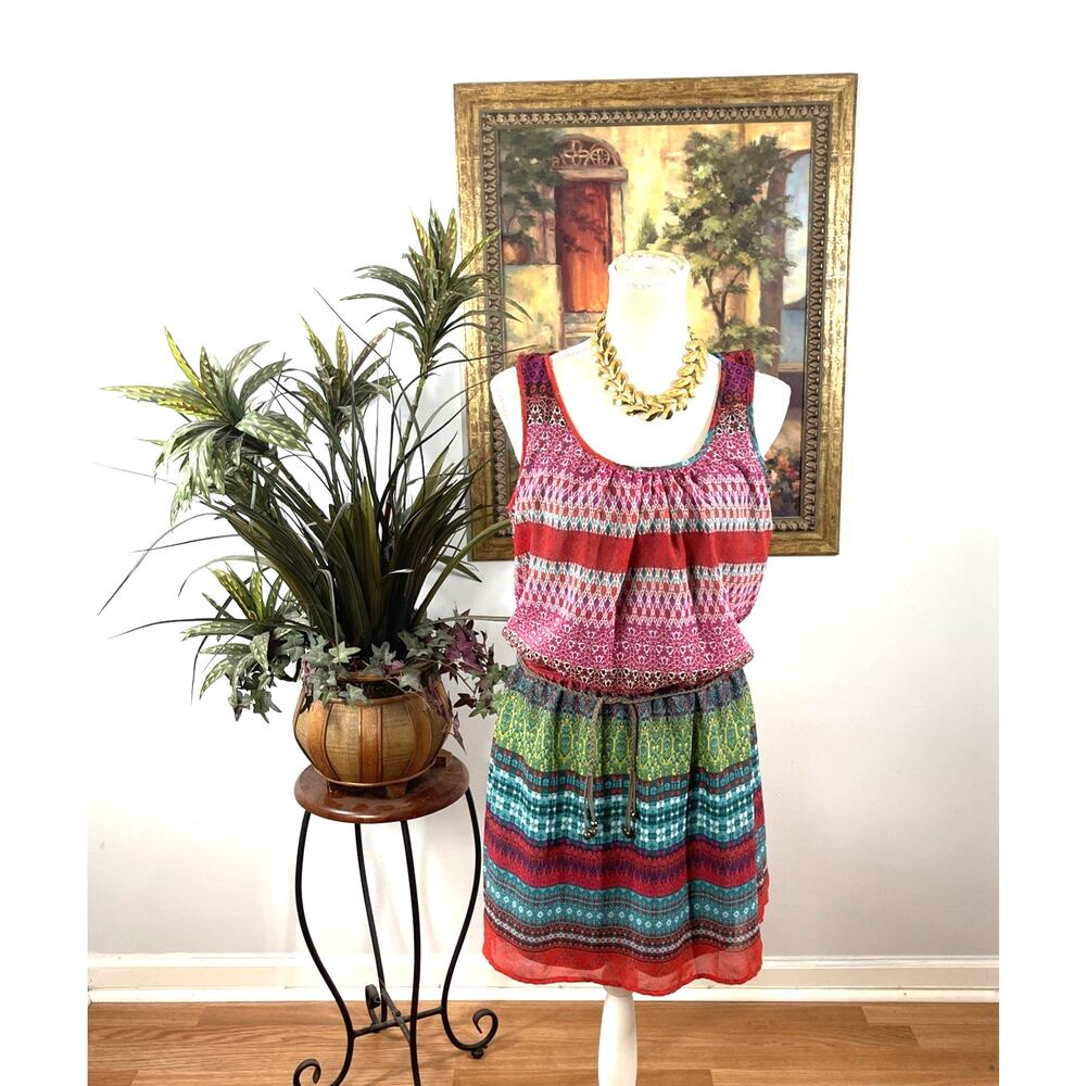 Accidentally In Love Boho Sleeveless Dress M Red Teal Tribal Belted Lined Boho